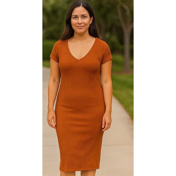 See You Monday Womens Ribbed Medium Burnt Orange Long Dress - Picture 1 of 8